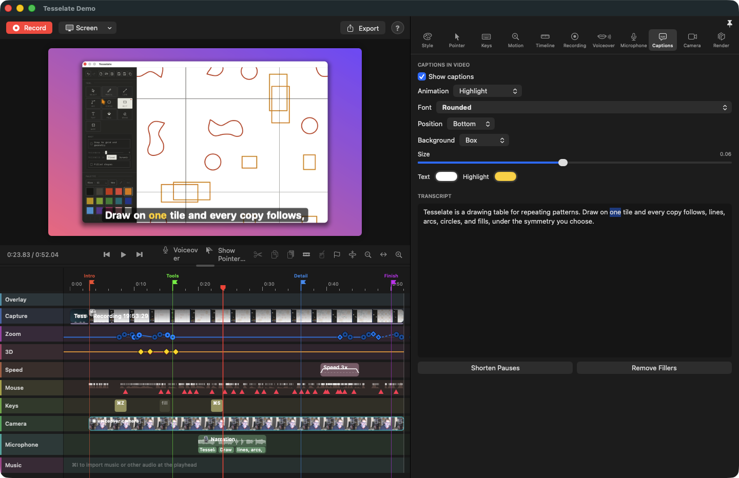The Captions inspector. The preview shows a caption at the bottom of the video with one word highlighted in yellow; the inspector shows the animation, font, position, background and size settings above the transcript, with Shorten Pauses and Remove Fillers buttons.