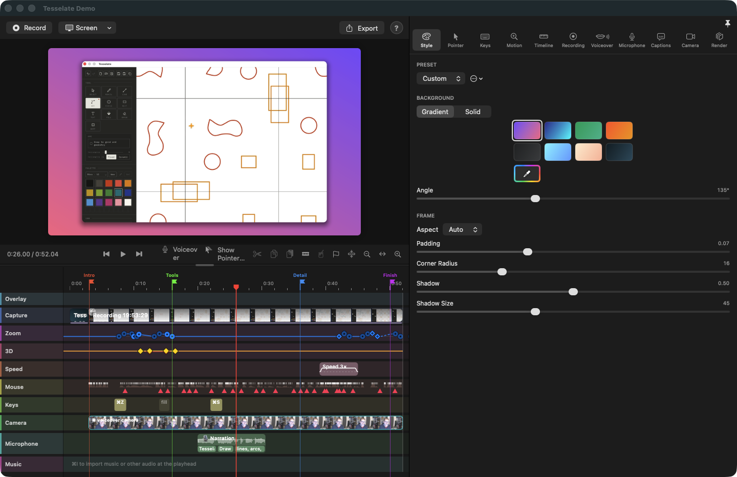 The Retake Pro editor. The preview shows a recorded window on a violet gradient background; the inspector on the right shows the Style settings; the timeline below has lanes for overlays, capture, zoom, 3D, speed, mouse, keys, camera, microphone and music, with four named markers.