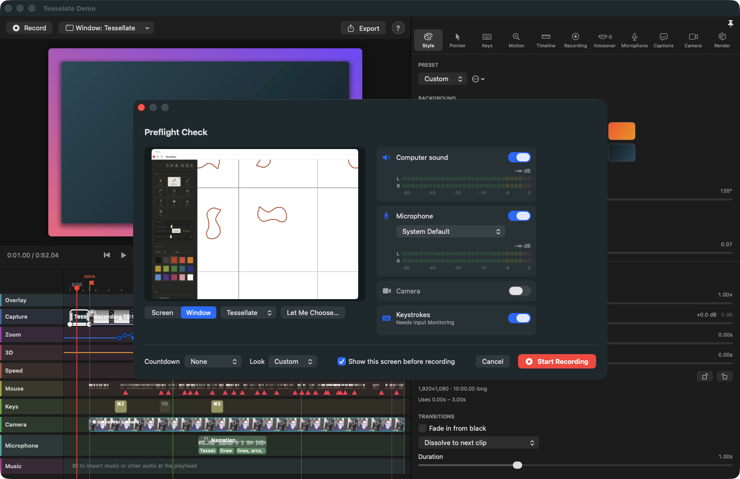 The Preflight Check window over the editor. It shows a live preview of the window to be recorded, switches and level meters for computer sound and the microphone, switches for the camera and keystrokes, and the Start Recording button.