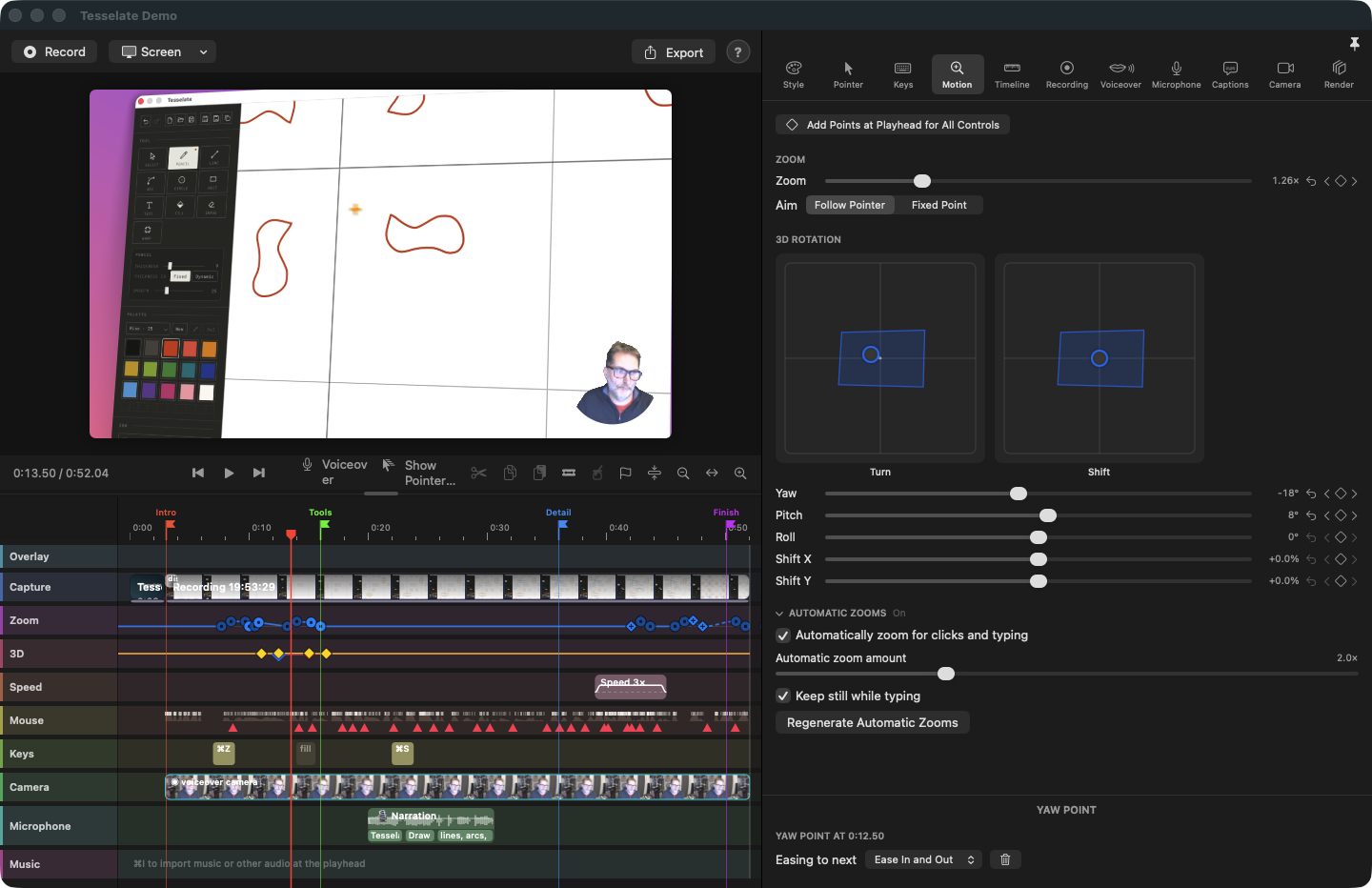 The Motion inspector. The preview shows the recording zoomed and turned in 3D with the camera bubble in the corner; the inspector shows the zoom level, the Turn and Shift pads, sliders for yaw, pitch, roll and shift, and the automatic zoom settings.